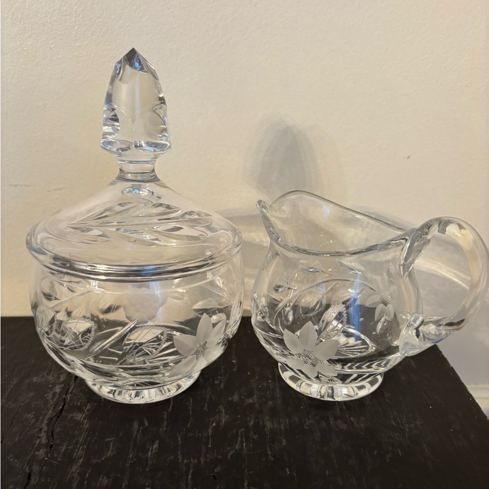 Vintage lead crystal sugar and creamer set with etched flower/leaves/vines